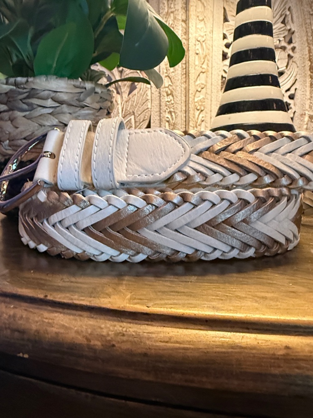 Woven Leather Belt in White and Metallic Taupe